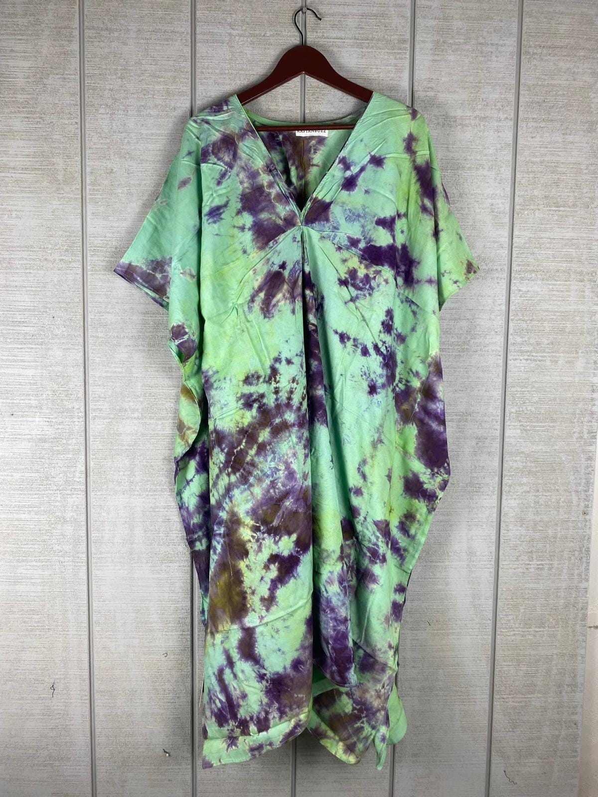 Green Cotton Kaftan Dress | Plus Size Boho Tie-Dye Lounge & Beachwear