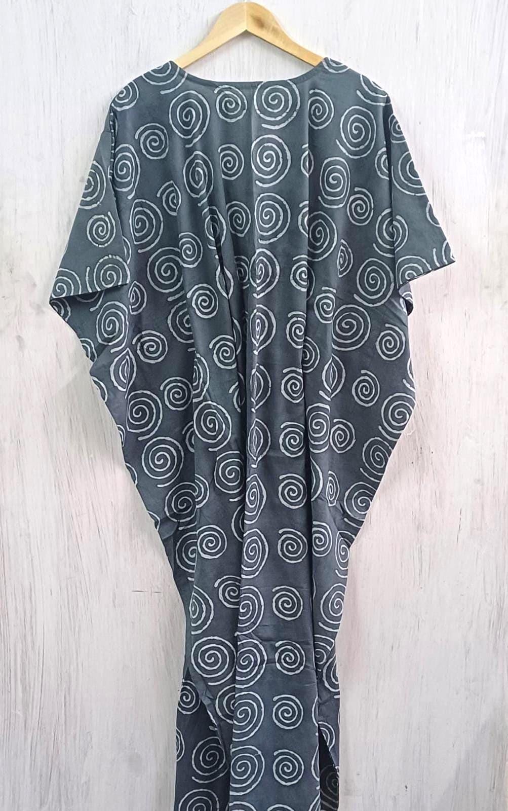 Geometric Cotton Kaftan | Flowy Grey Boho Plus Size Dress with Waist Tie