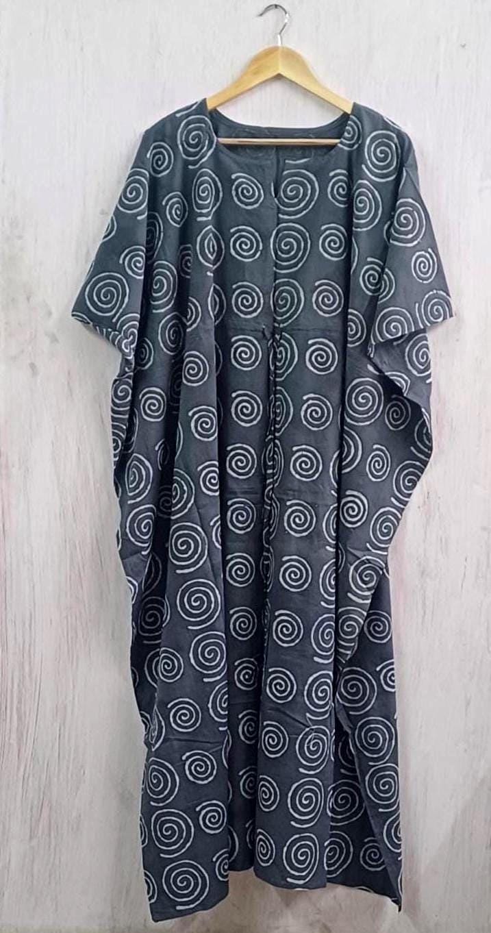 Geometric Cotton Kaftan | Flowy Grey Boho Plus Size Dress with Waist Tie