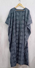 Load image into Gallery viewer, Geometric Cotton Kaftan | Flowy Grey Boho Plus Size Dress with Waist Tie
