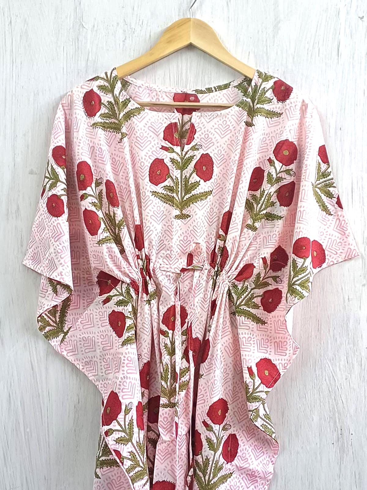 Poppy Hand Block Cotton Kaftan | Flowy Plus Size Boho Fall Maxi Dress