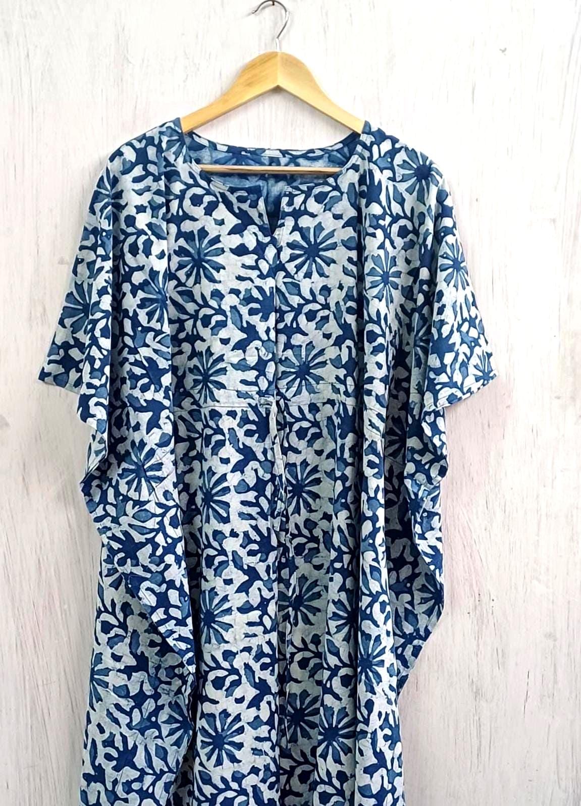 Floral Cotton Caftan | Flowy Boho Plus Size Maxi Dress with Cinched Waist