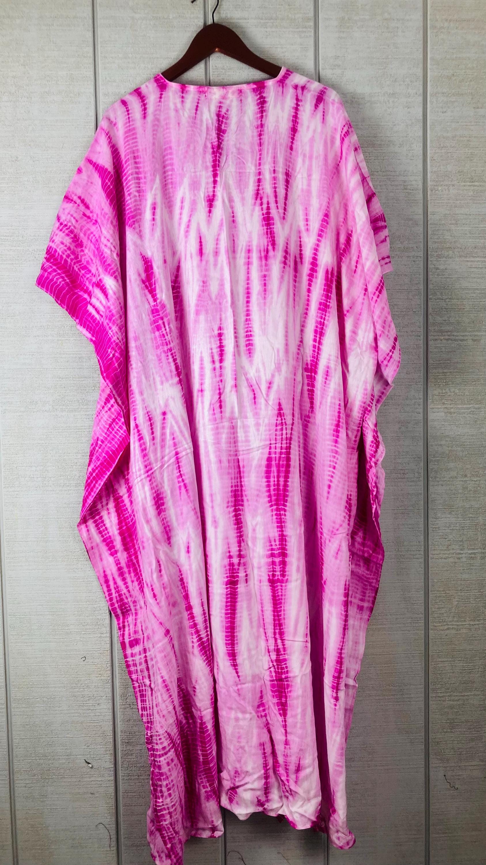 Pink and White Tie Dye Kaftan Dress for Women | Boho Plus Size Hand Dyed Mumu