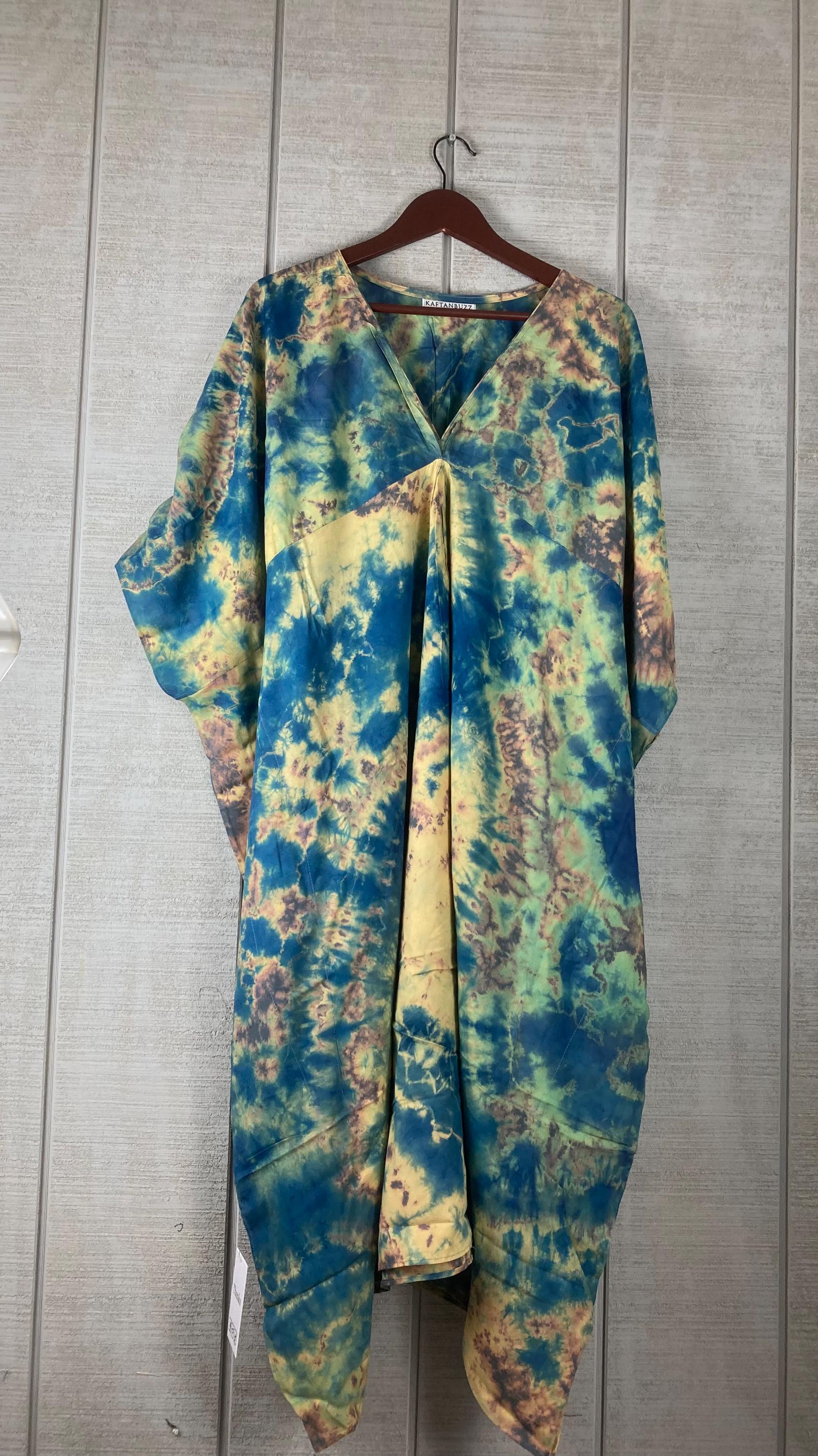 Ocean Wave Tie Dye Kaftan Dress for Women | Boho Plus Size Cotton Mumu