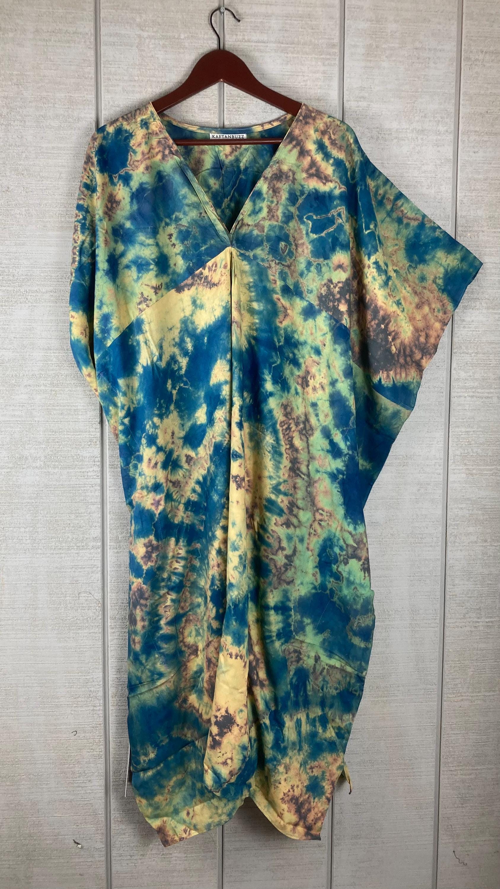 Ocean Wave Tie Dye Kaftan Dress for Women | Boho Plus Size Cotton Mumu
