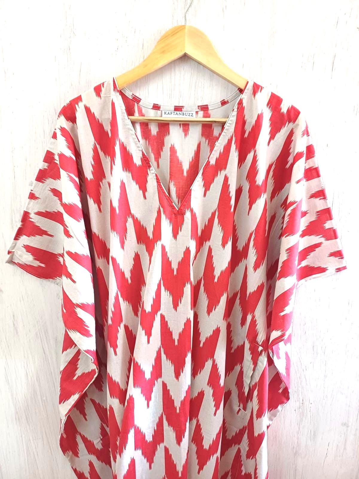 Red & White Chevron Cotton Kaftan | Boho Plus Size Maxi Dress