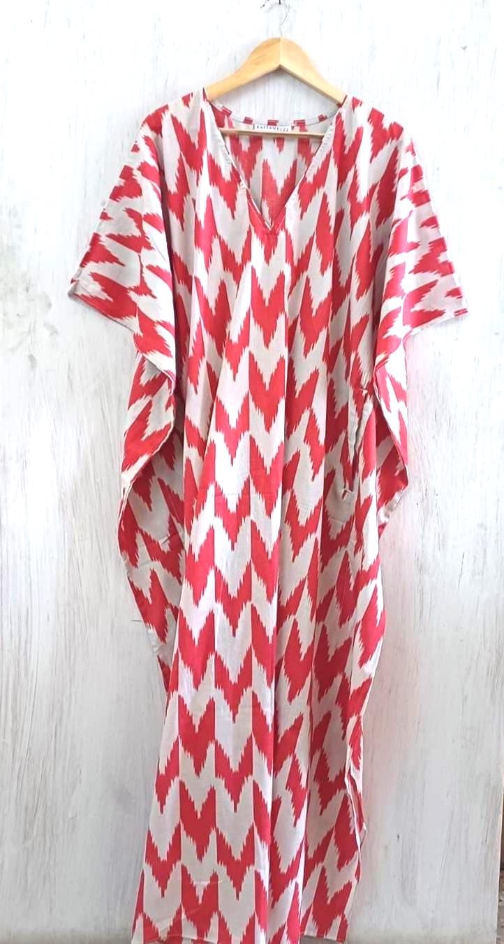 Red & White Chevron Cotton Kaftan | Boho Plus Size Maxi Dress