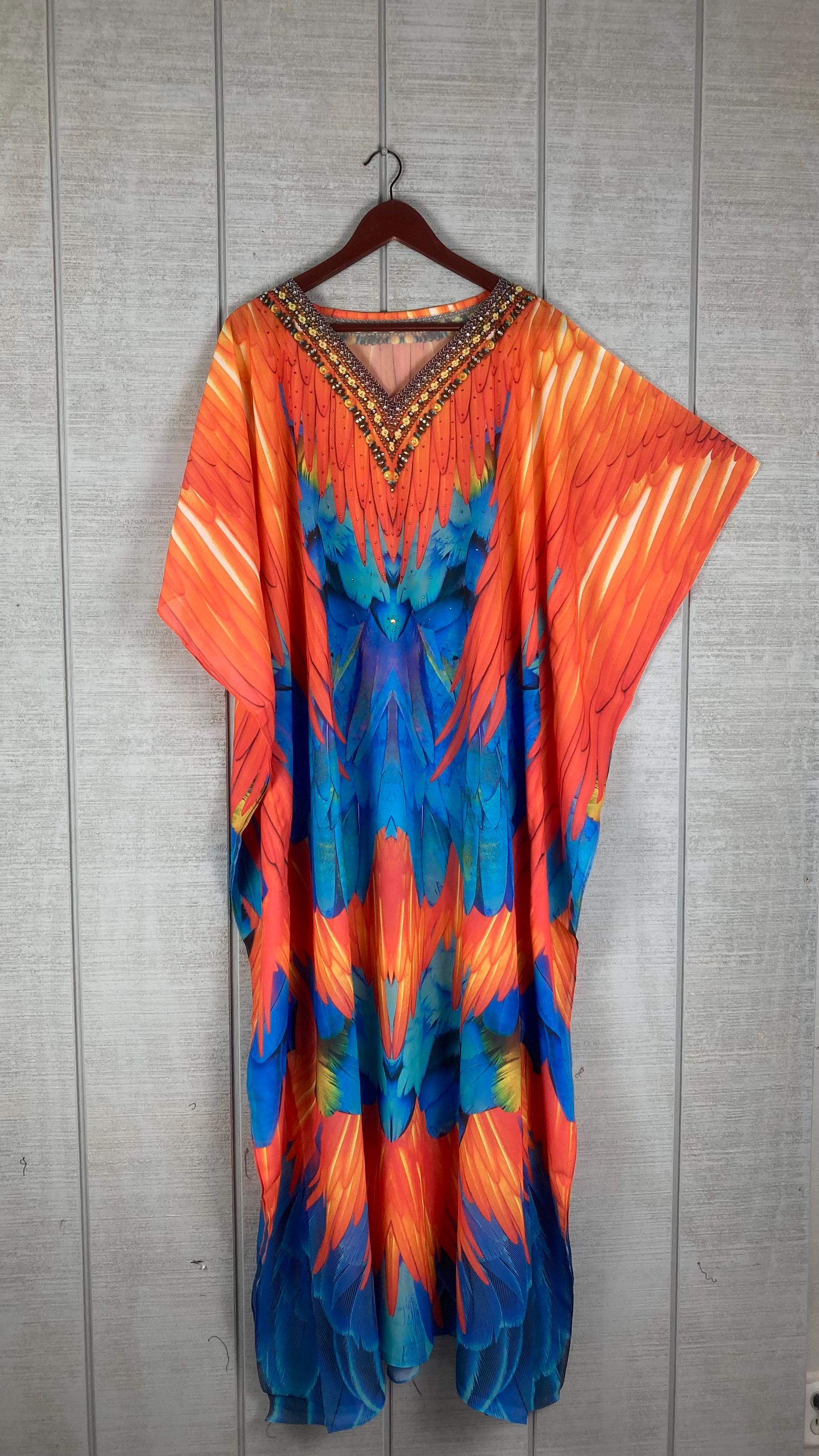Fiery Sunset Batwing Caftan Dress – Sheer Boho Maxi & Beach Cover Up