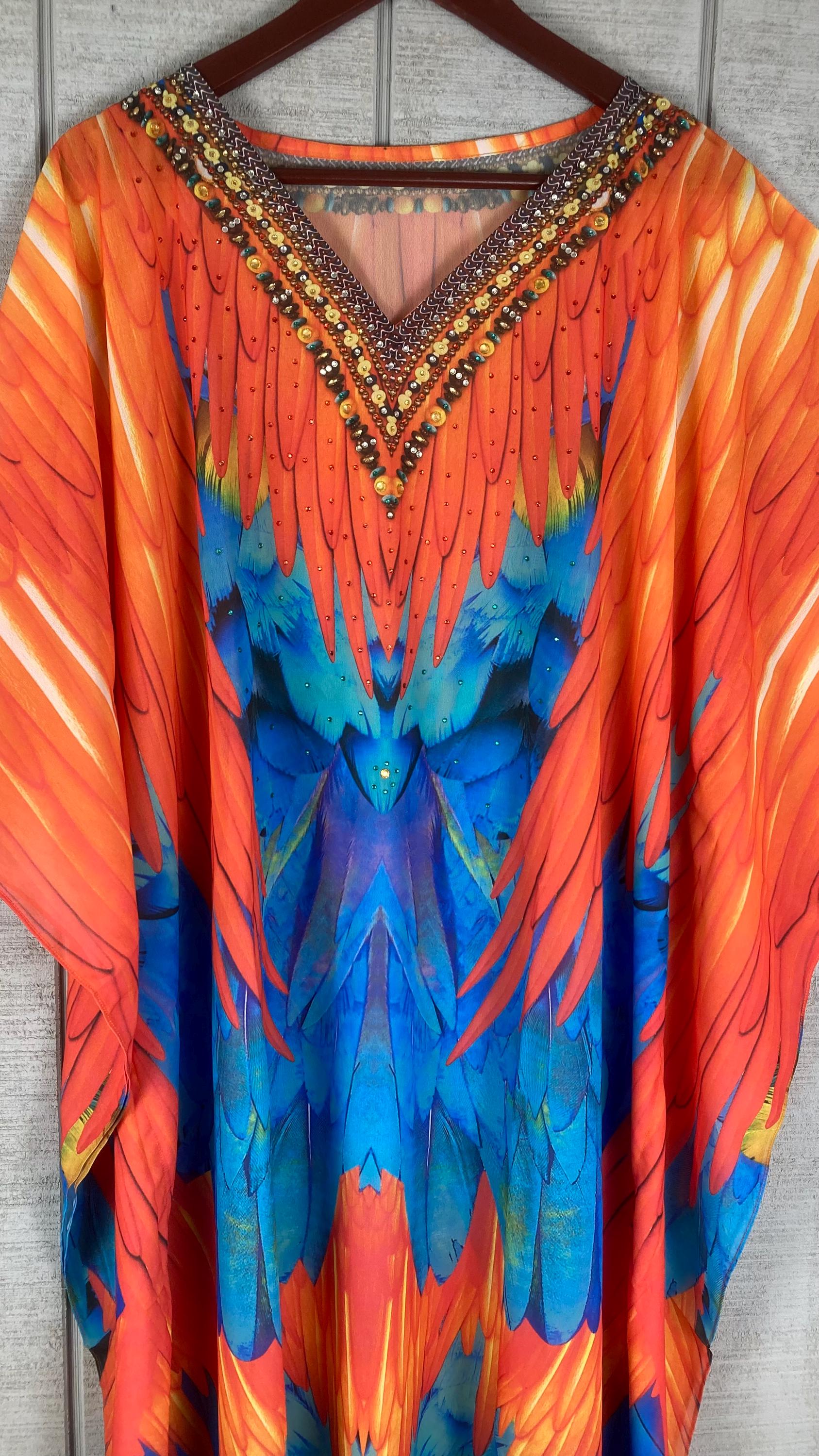 Fiery Sunset Batwing Caftan Dress – Sheer Boho Maxi & Beach Cover Up