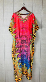 Load image into Gallery viewer, Silky Pink Leopard Caftan Dress with Gold V-Neck | Boho Resort Wear

