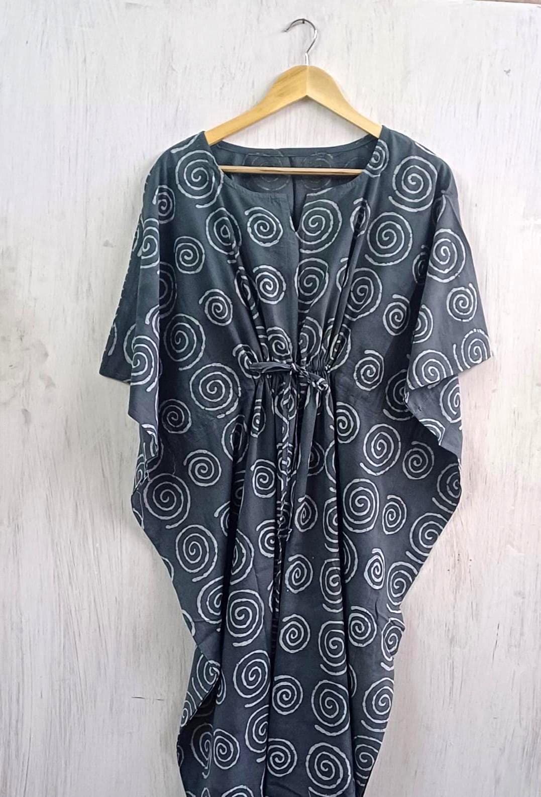 Geometric Cotton Kaftan | Flowy Grey Boho Plus Size Dress with Waist Tie