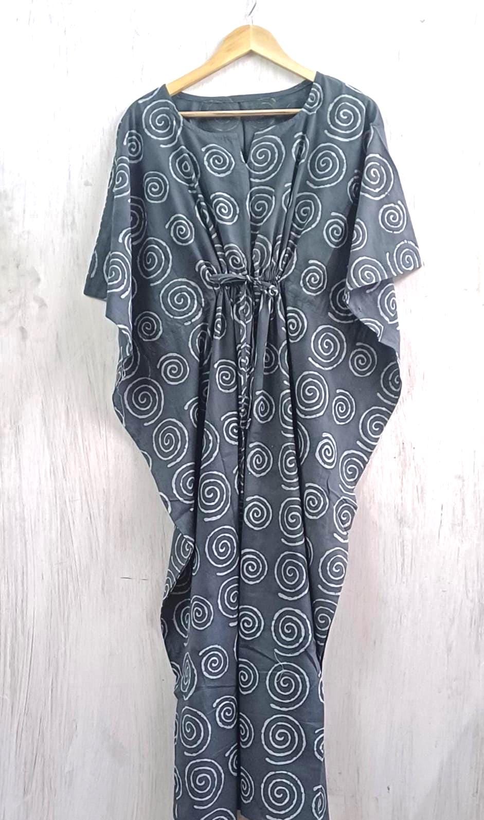 Geometric Cotton Kaftan | Flowy Grey Boho Plus Size Dress with Waist Tie