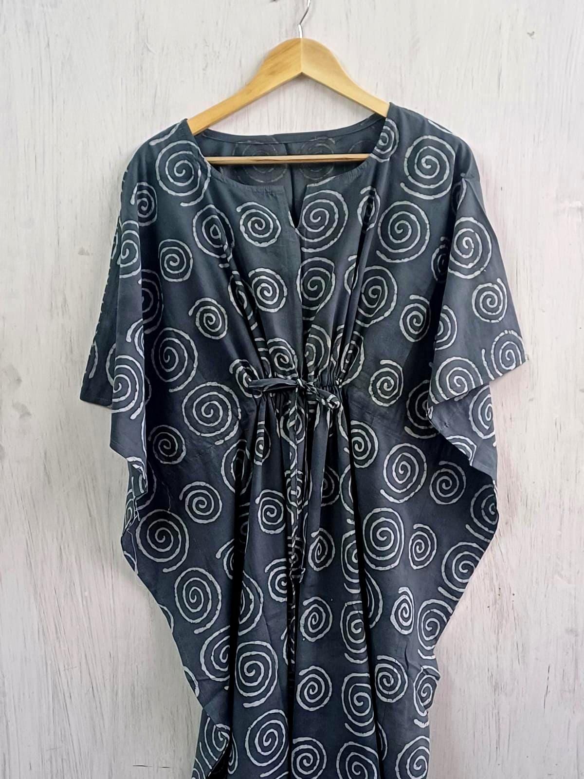 Geometric Cotton Kaftan | Flowy Grey Boho Plus Size Dress with Waist Tie