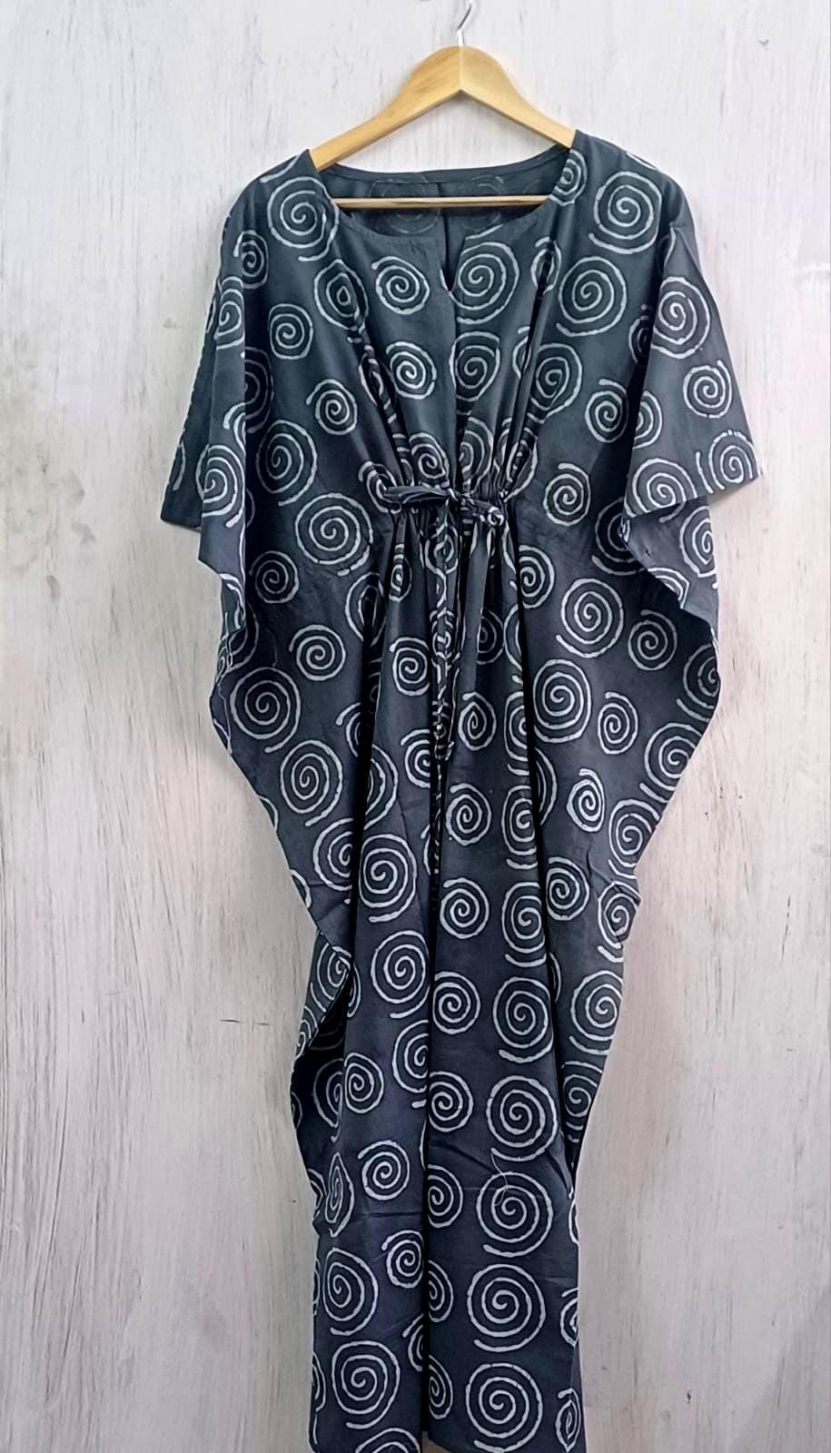 Geometric Cotton Kaftan | Flowy Grey Boho Plus Size Dress with Waist Tie