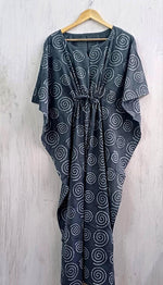 Load image into Gallery viewer, Geometric Cotton Kaftan | Flowy Grey Boho Plus Size Dress with Waist Tie
