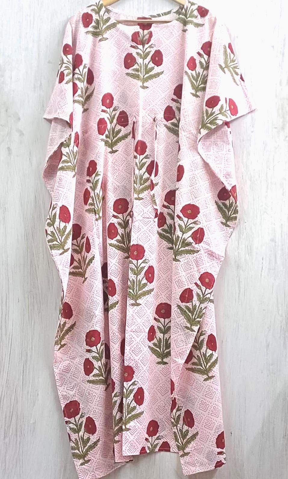 Poppy Hand Block Cotton Kaftan | Flowy Plus Size Boho Fall Maxi Dress