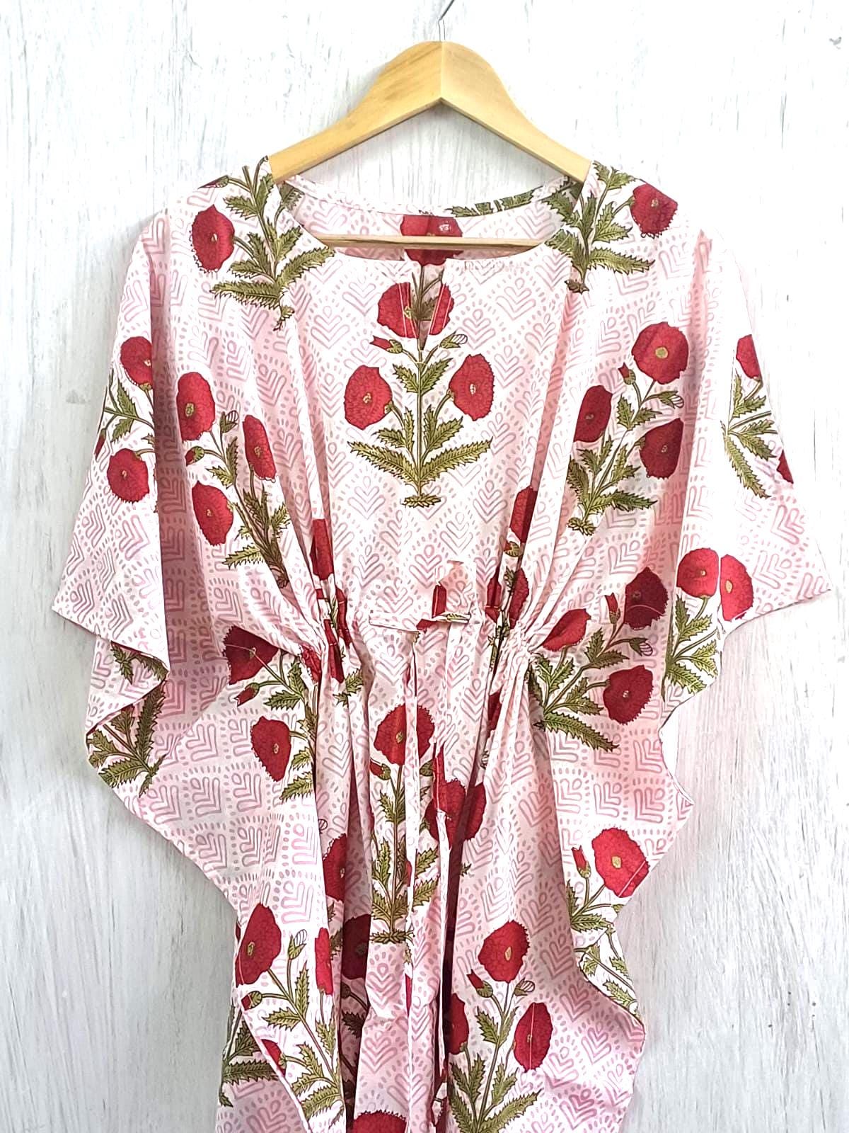 Poppy Hand Block Cotton Kaftan | Flowy Plus Size Boho Fall Maxi Dress