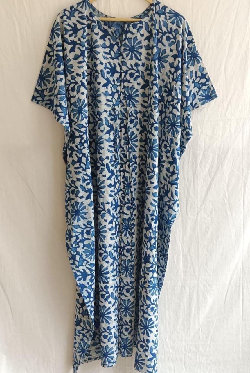 Floral Cotton Caftan | Flowy Boho Plus Size Maxi Dress with Cinched Waist