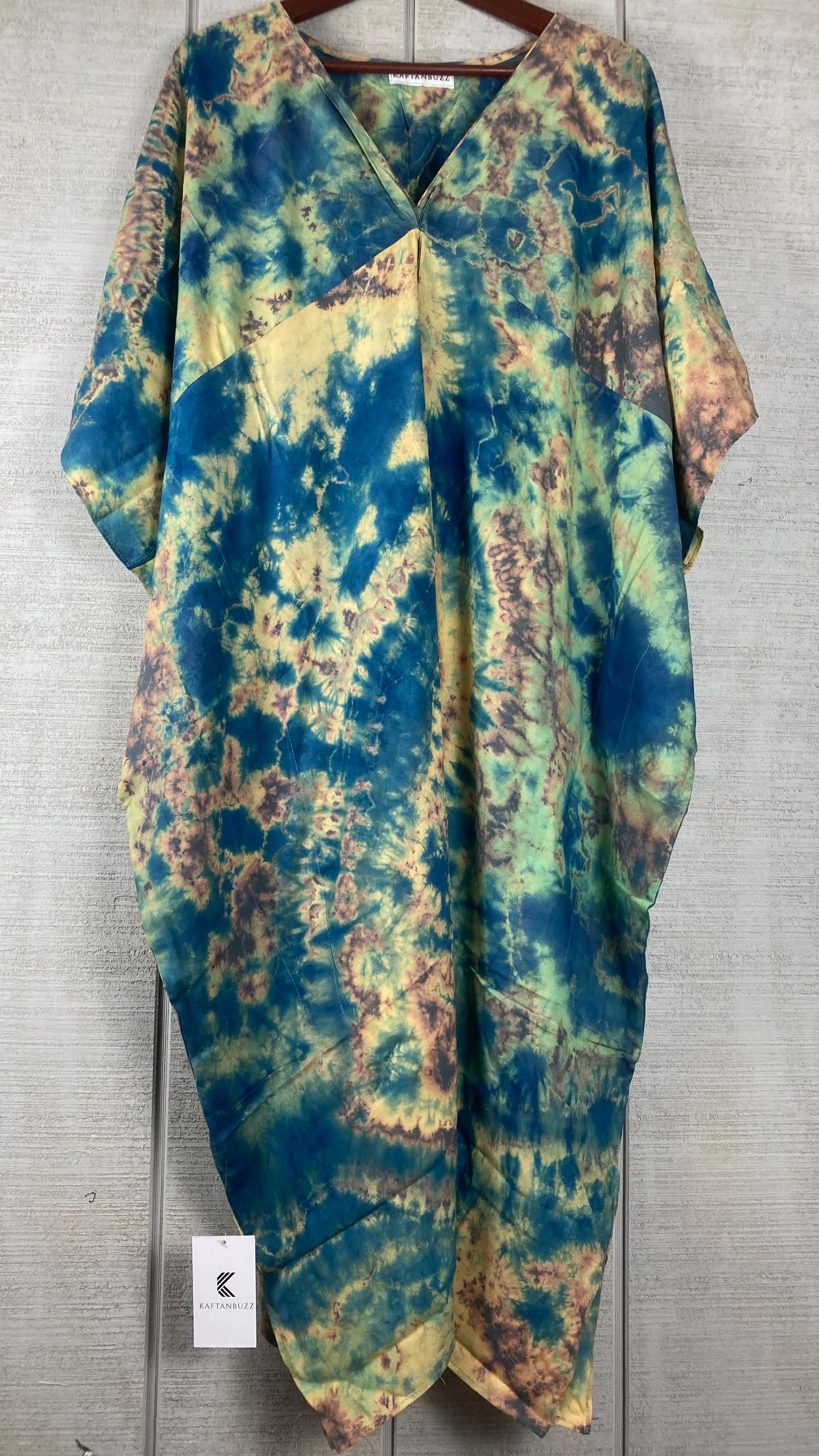 Ocean Wave Tie Dye Kaftan Dress for Women | Boho Plus Size Cotton Mumu
