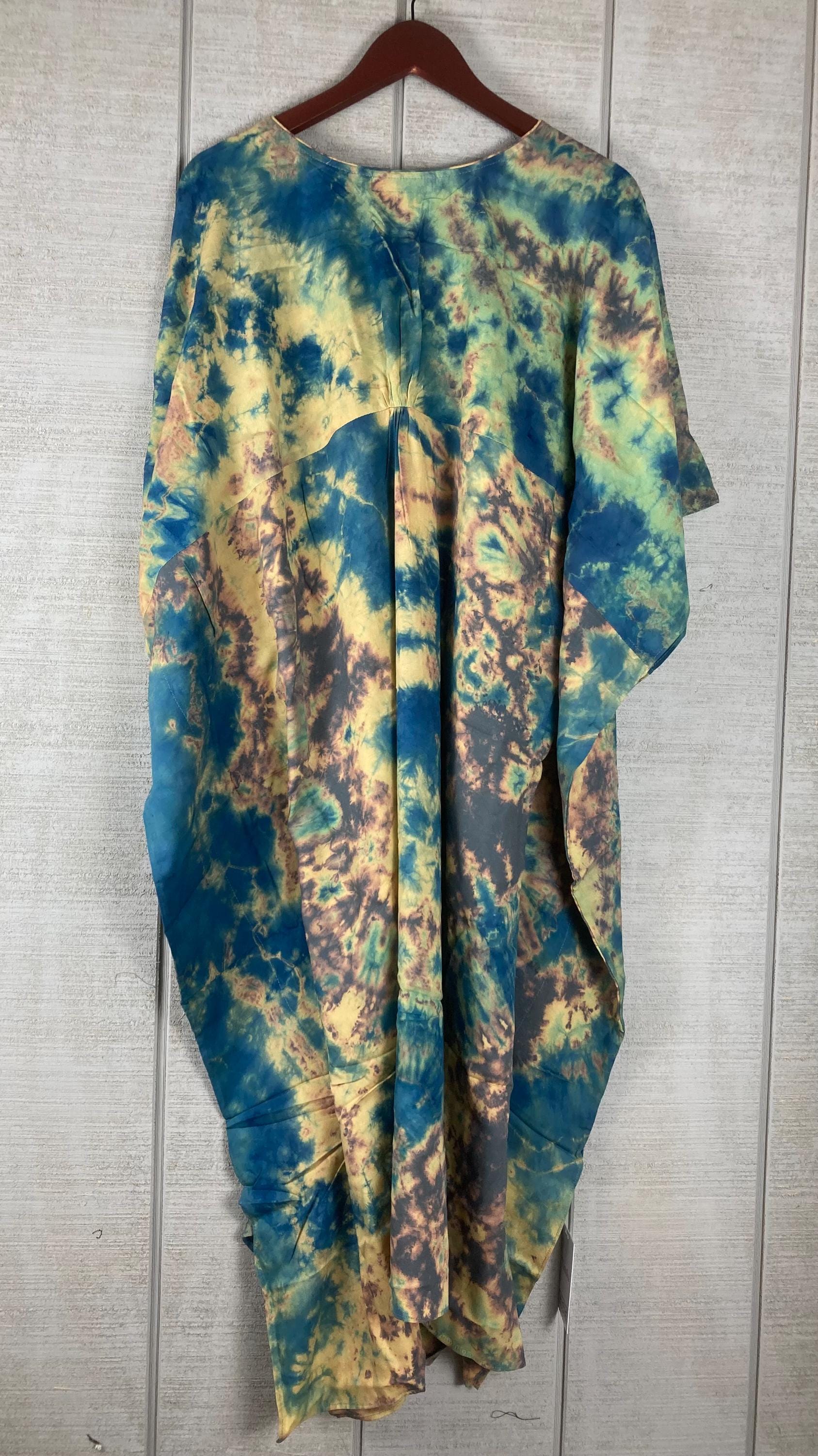 Ocean Wave Tie Dye Kaftan Dress for Women | Boho Plus Size Cotton Mumu
