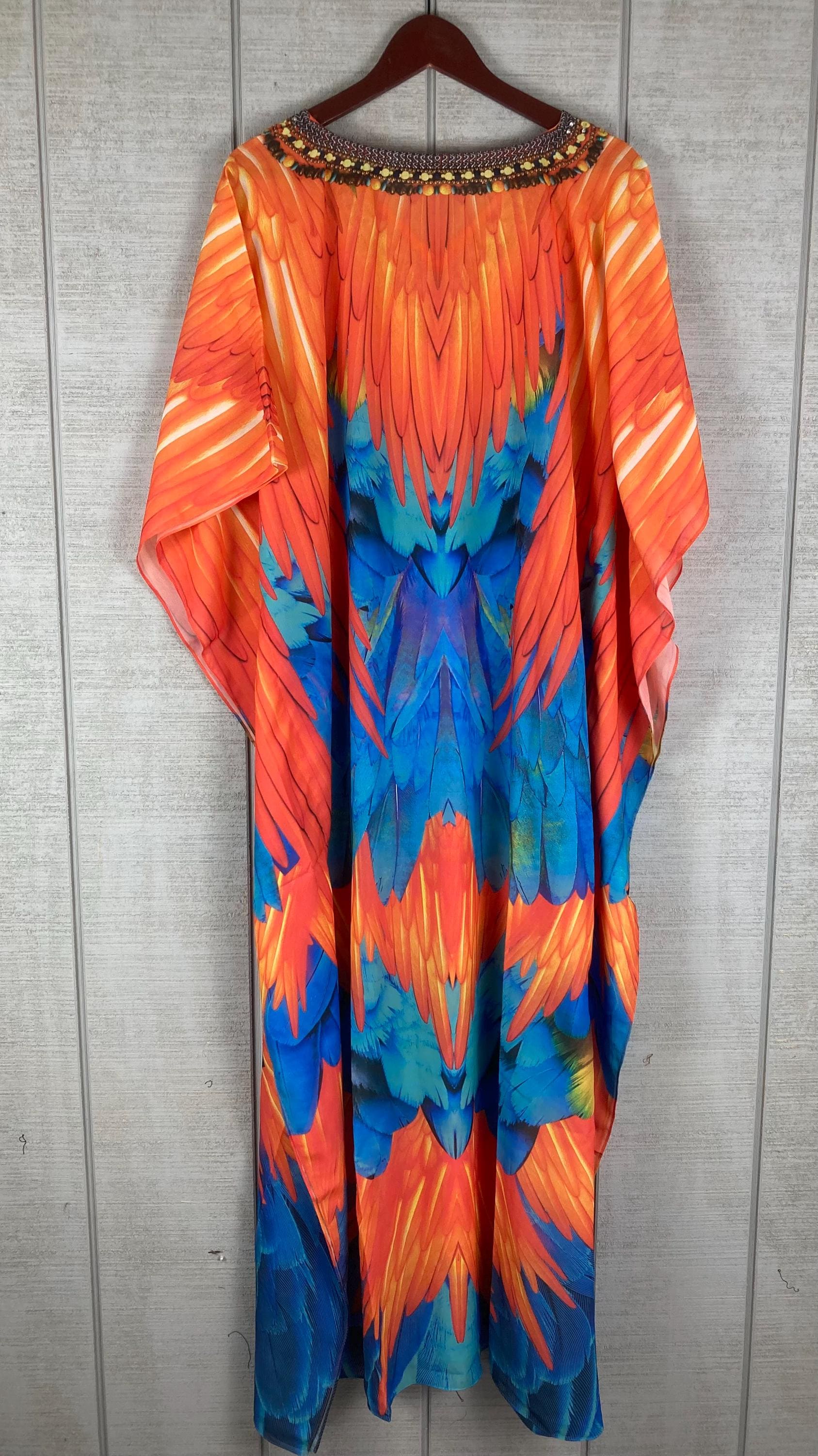 Fiery Sunset Batwing Caftan Dress – Sheer Boho Maxi & Beach Cover Up