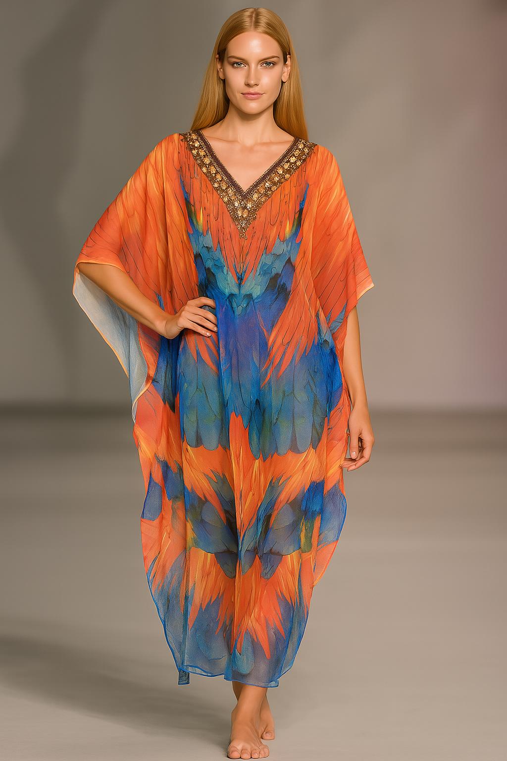 Fiery Sunset Batwing Caftan Dress – Sheer Boho Maxi & Beach Cover Up