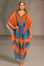 Load image into Gallery viewer, Fiery Sunset Batwing Caftan Dress – Sheer Boho Maxi &amp; Beach Cover Up
