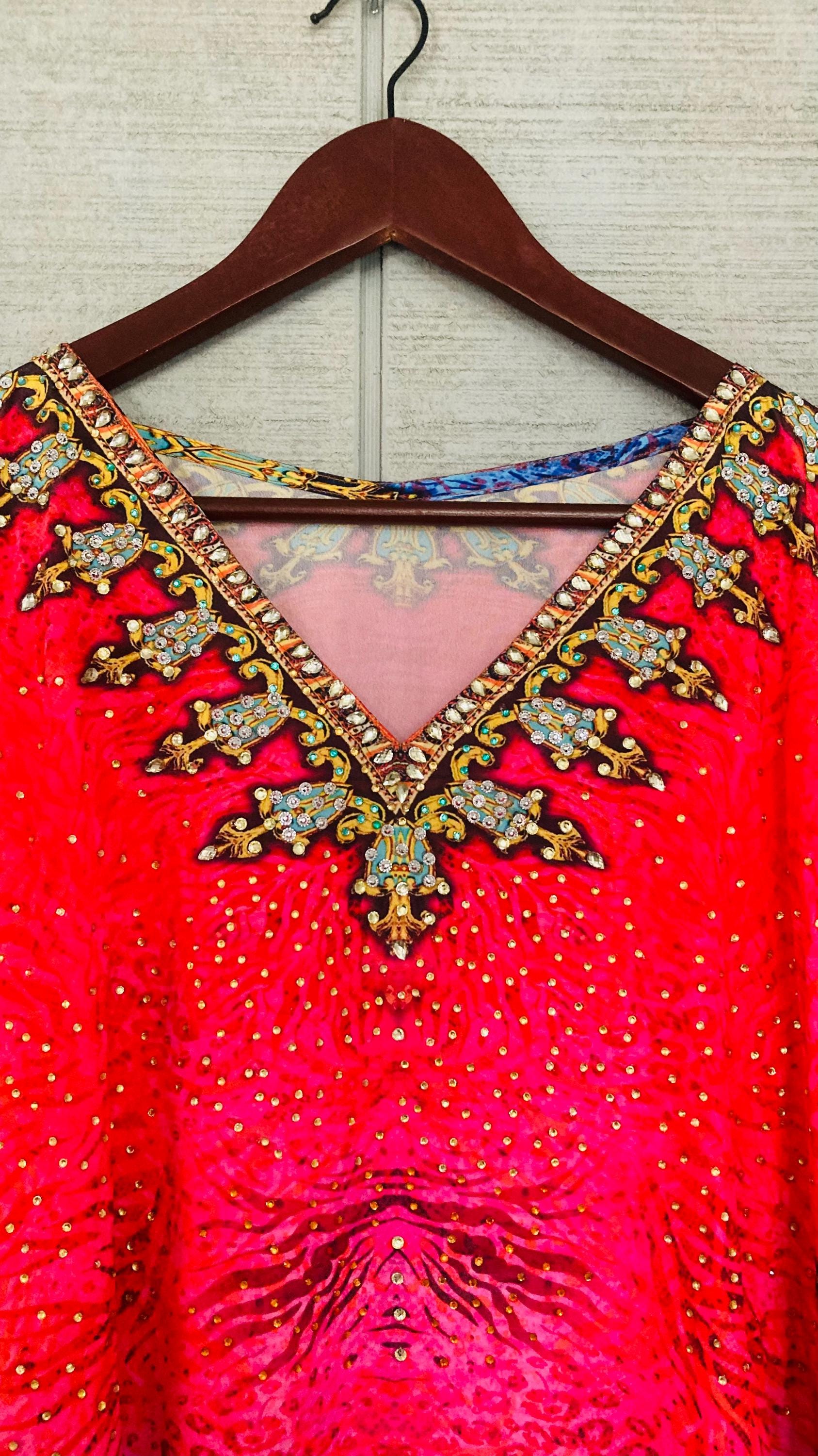 Silky Pink Leopard Caftan Dress with Gold V-Neck | Boho Resort Wear