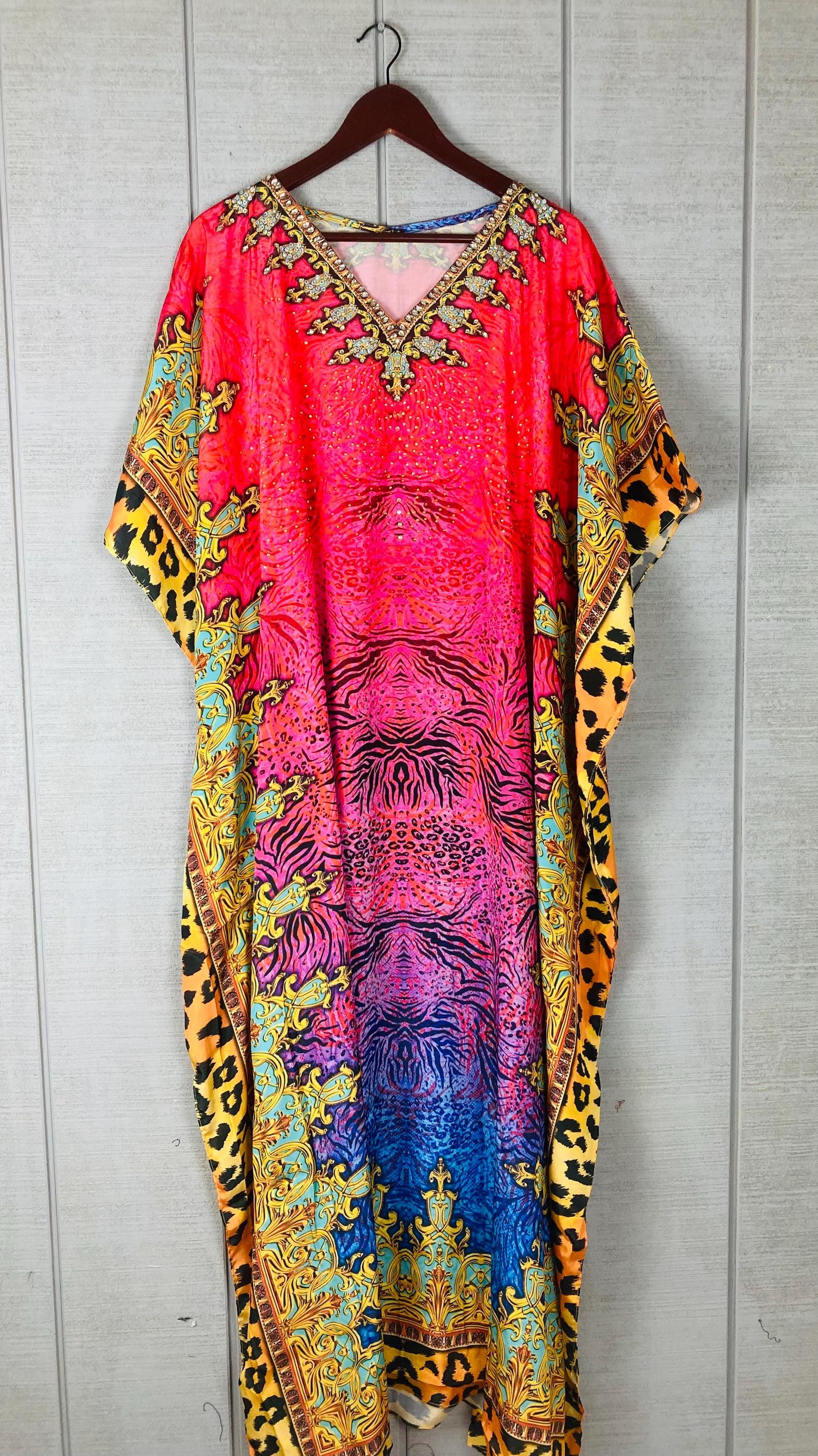 Silky Pink Leopard Caftan Dress with Gold V-Neck | Boho Resort Wear