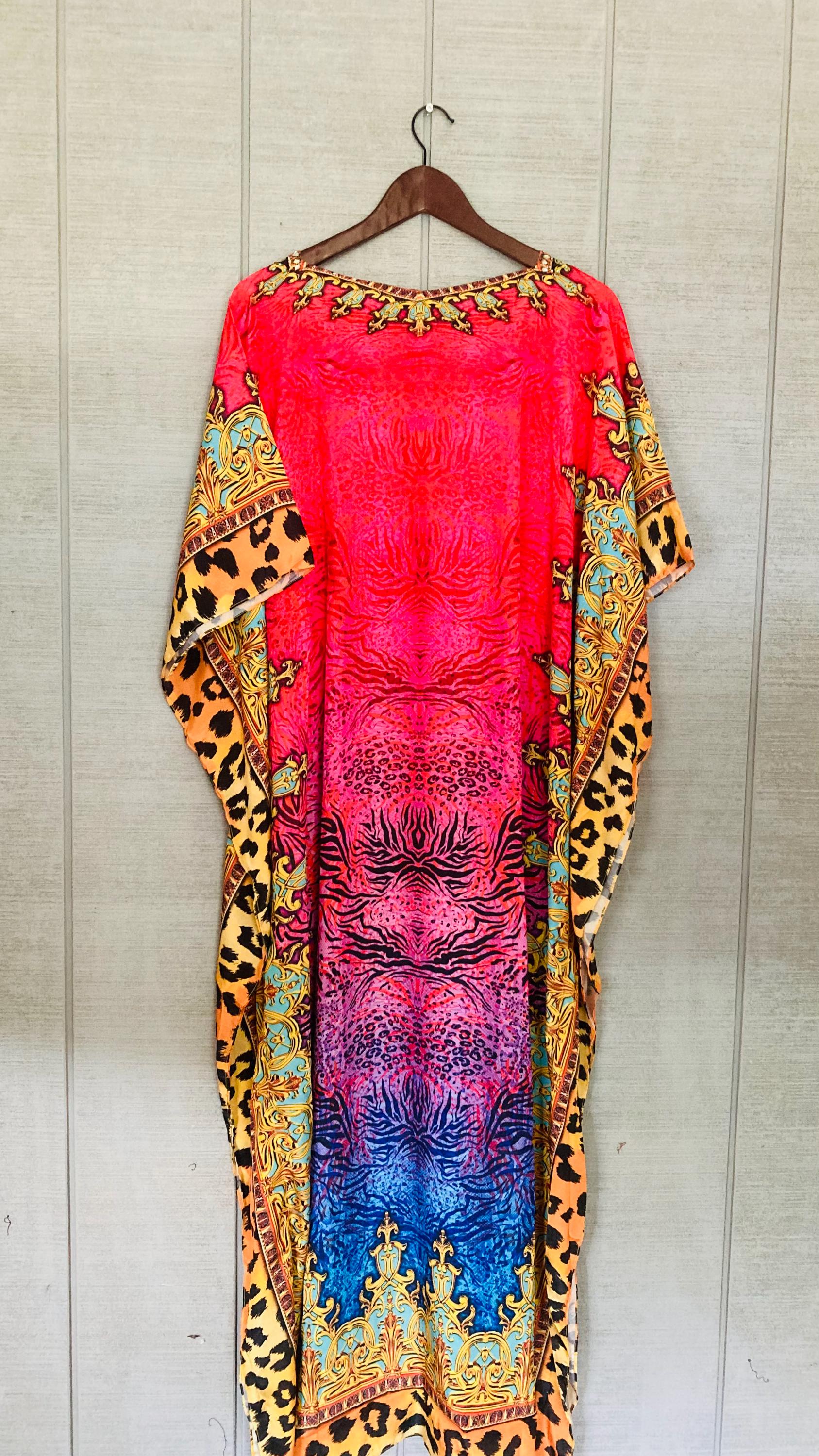 Silky Pink Leopard Caftan Dress with Gold V-Neck | Boho Resort Wear