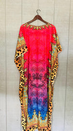 Load image into Gallery viewer, Silky Pink Leopard Caftan Dress with Gold V-Neck | Boho Resort Wear
