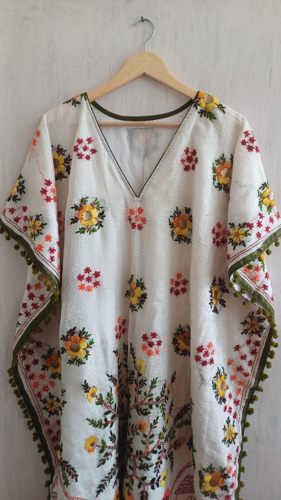 Embroidered Phulkari Kantha Cotton Silk Caftan Dress | Boho Resort Wear