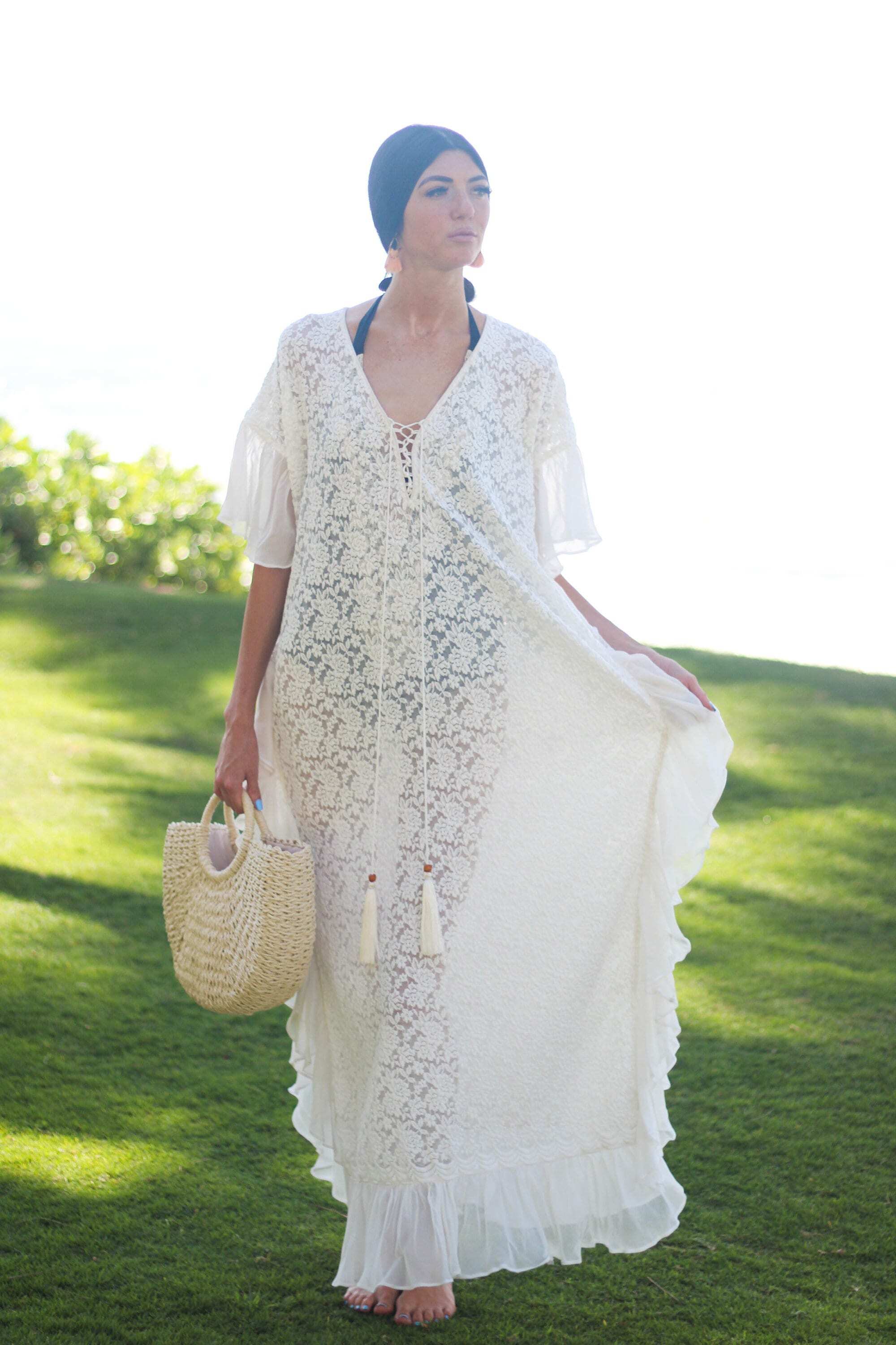 White Lace Up Kaftan Dress, Beach Wedding Dress, Bridal Lingerie, Boho Wedding Dress