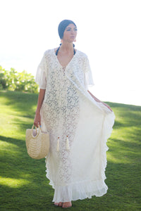White Lace Up Kaftan Dress, Beach Wedding Dress, Bridal Lingerie, Boho Wedding Dress