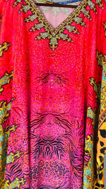 Load image into Gallery viewer, Pink gradient caftan with leopard print accents and gold embroidered neckline, flowy boho dress
