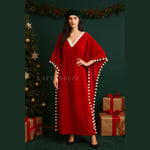 Load image into Gallery viewer, Red velvet Christmas kaftan with white faux fur trim and pom-poms, Santa inspired holiday maxi dress for women
