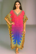 Load image into Gallery viewer, Silky pink leopard print caftan dress with gold V-neck embellishments, gradient boho resort wear maxi
