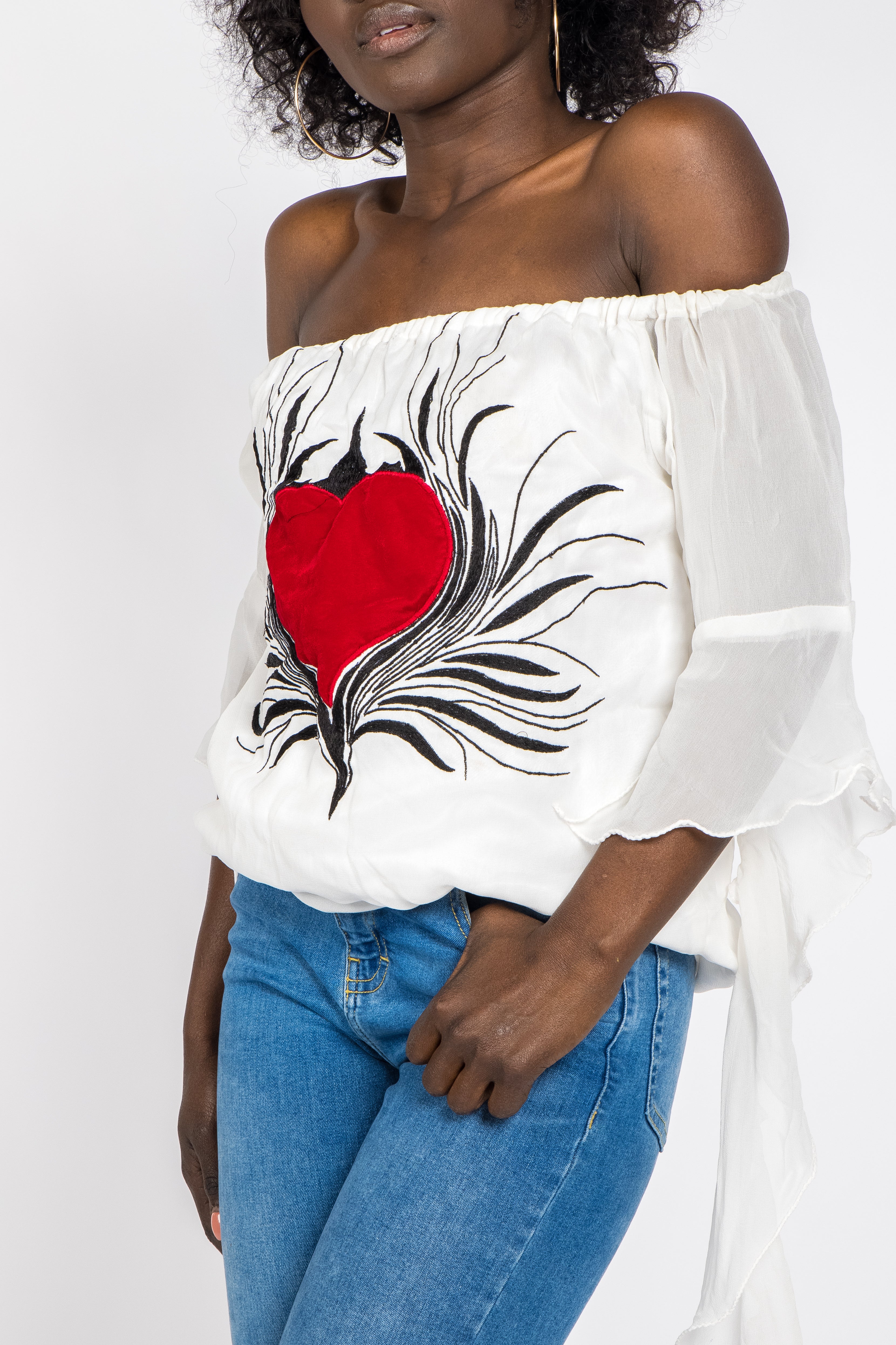 New embroidered romantic sleeves off shoulder top in white