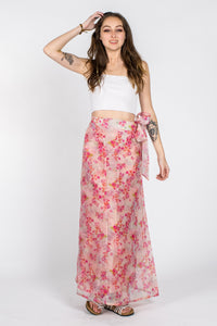 Pink organza Floral print wrap around skirt for spring and summer