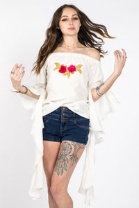 New Blossom floral romantic sleeves off shoulder top in white