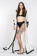 Load image into Gallery viewer, Black&amp;white Kimono robe with hoodie
