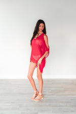 Load image into Gallery viewer, Red Sheer Tunic Top, Cold Shoulder Dress, Beach Cover Up, Vacation Clothing, Bikini Coverup, Chiffon Mesh Top, Plus Size
