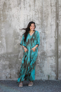 Hand dyed aqua kaftan dress