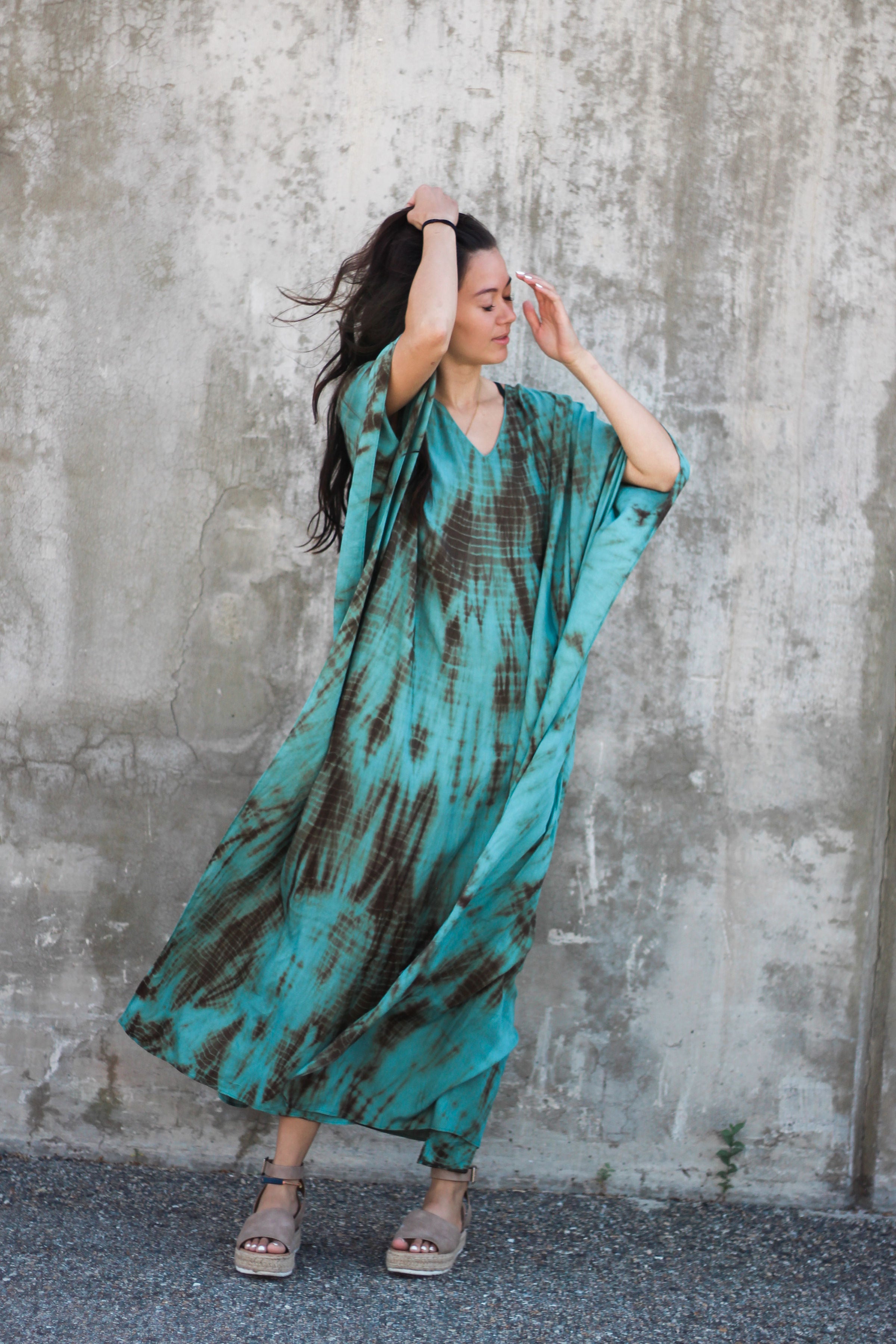 Hand dyed aqua kaftan dress
