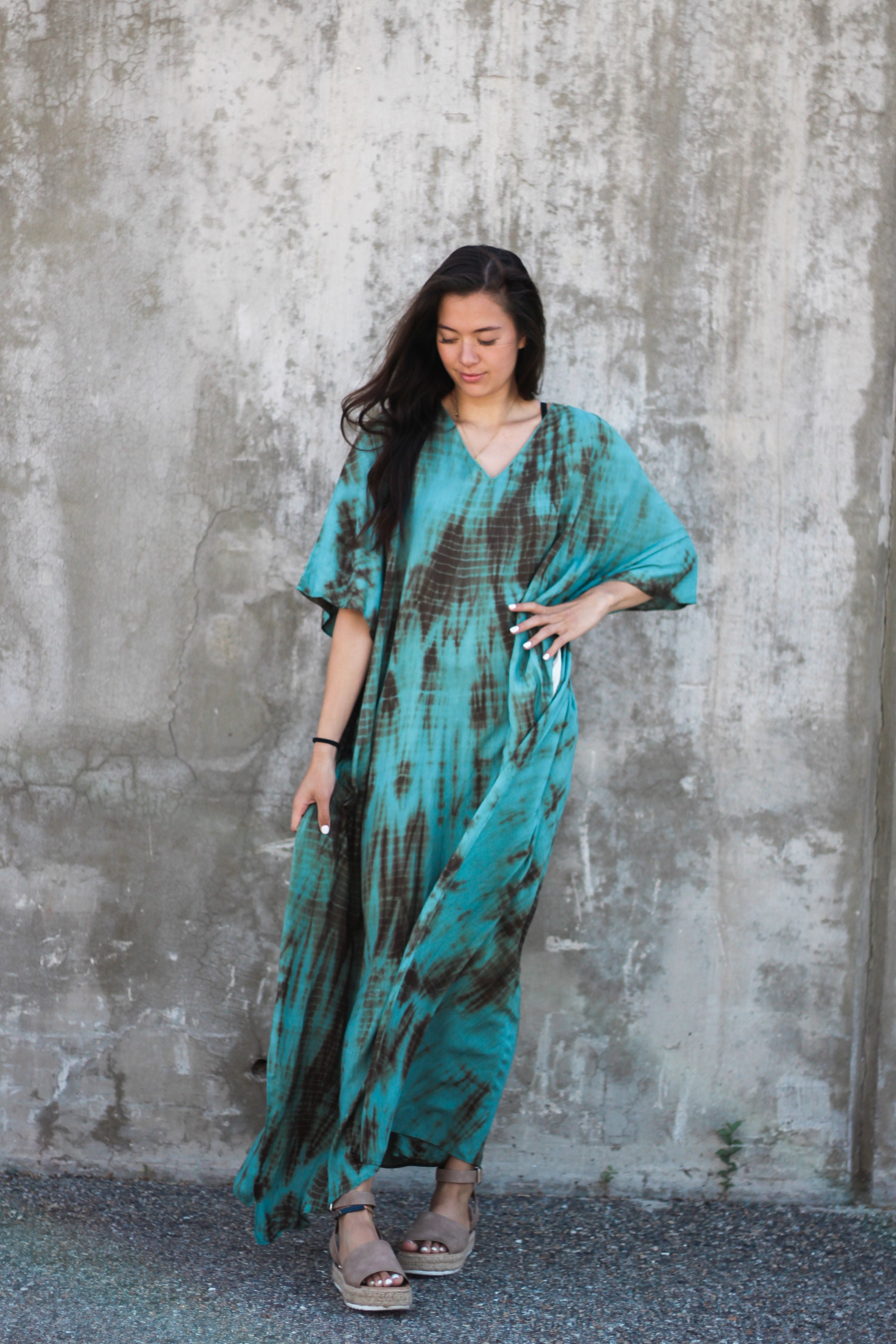 Hand dyed aqua kaftan dress