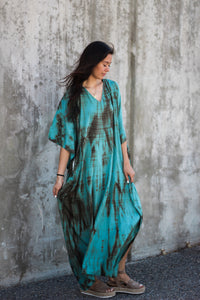 Hand dyed aqua kaftan dress