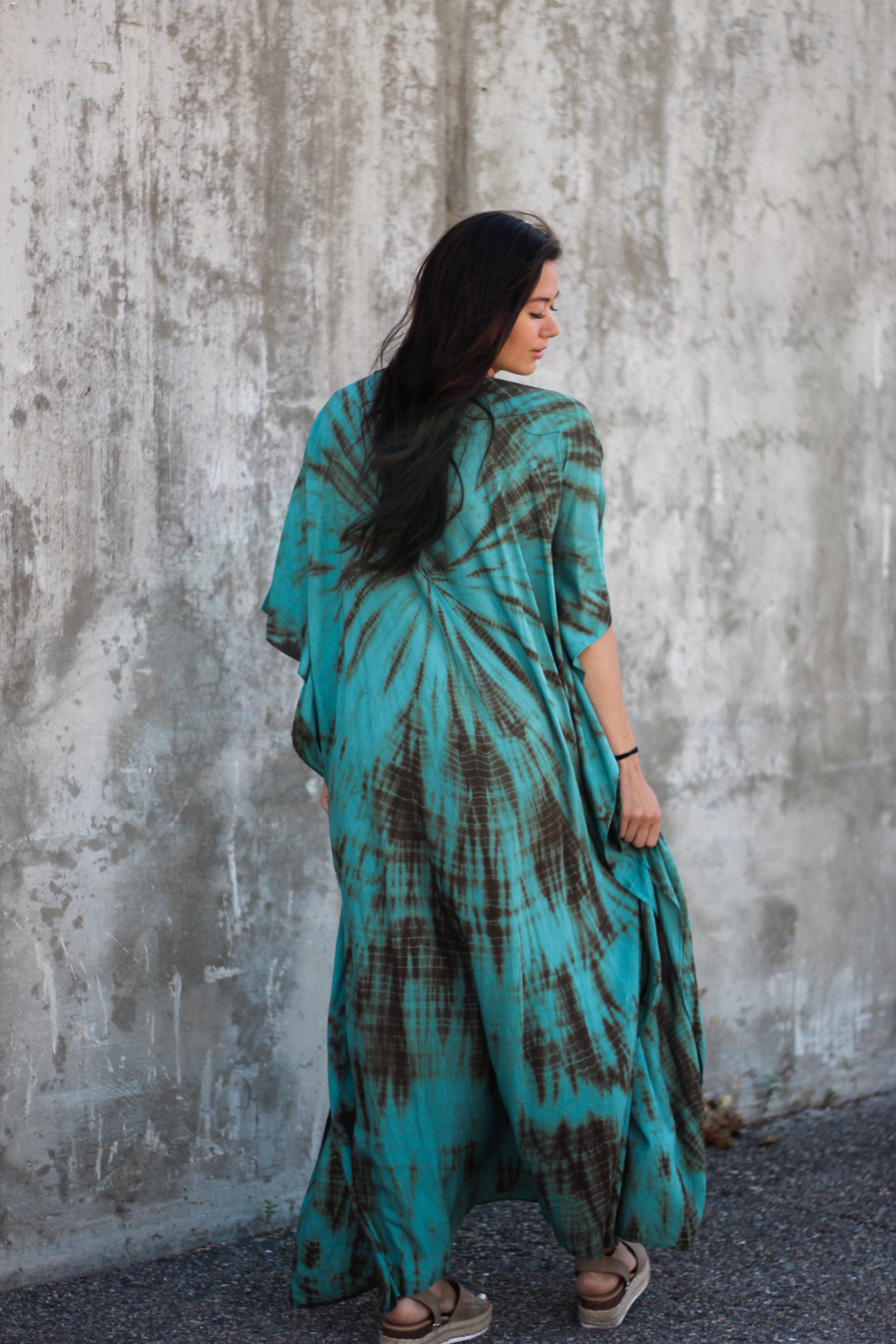 Hand dyed aqua kaftan dress