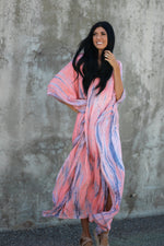 Load image into Gallery viewer, Woman wearing pink and white tie-dyed kaftan dress
