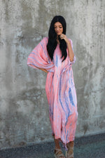 Load image into Gallery viewer, Woman modeling tie-dyed kaftan maxi dress  
