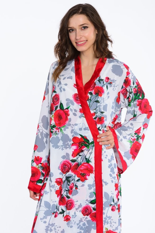 Long Comfy Robe, Kimono Robe, Red Roses Robe, Floral Lounge Robe